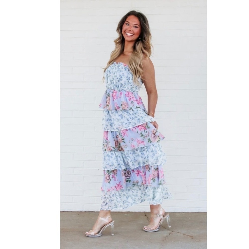 Sweet Lemon Strapless Tiered Floral Maxi Dress Smocked Bodice Size Medium